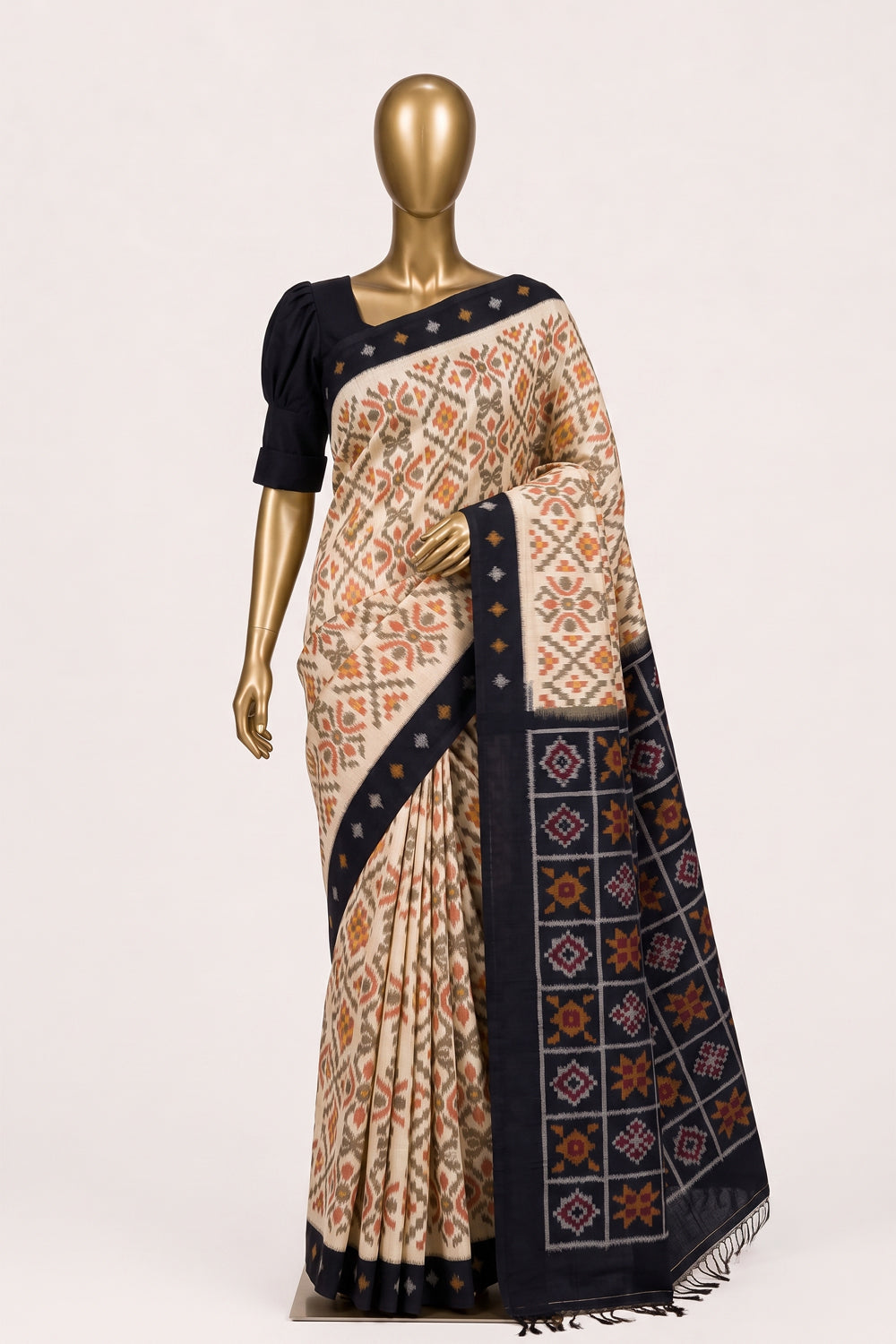 Image of Beige Pochampally Ikat Cotton Saree