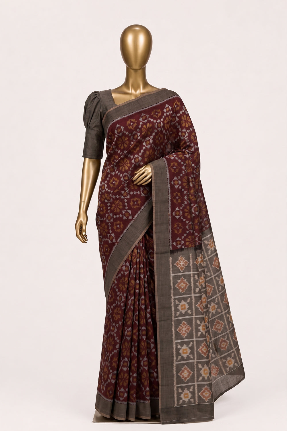 Image of Maroon Pochampally Ikat Cotton Saree