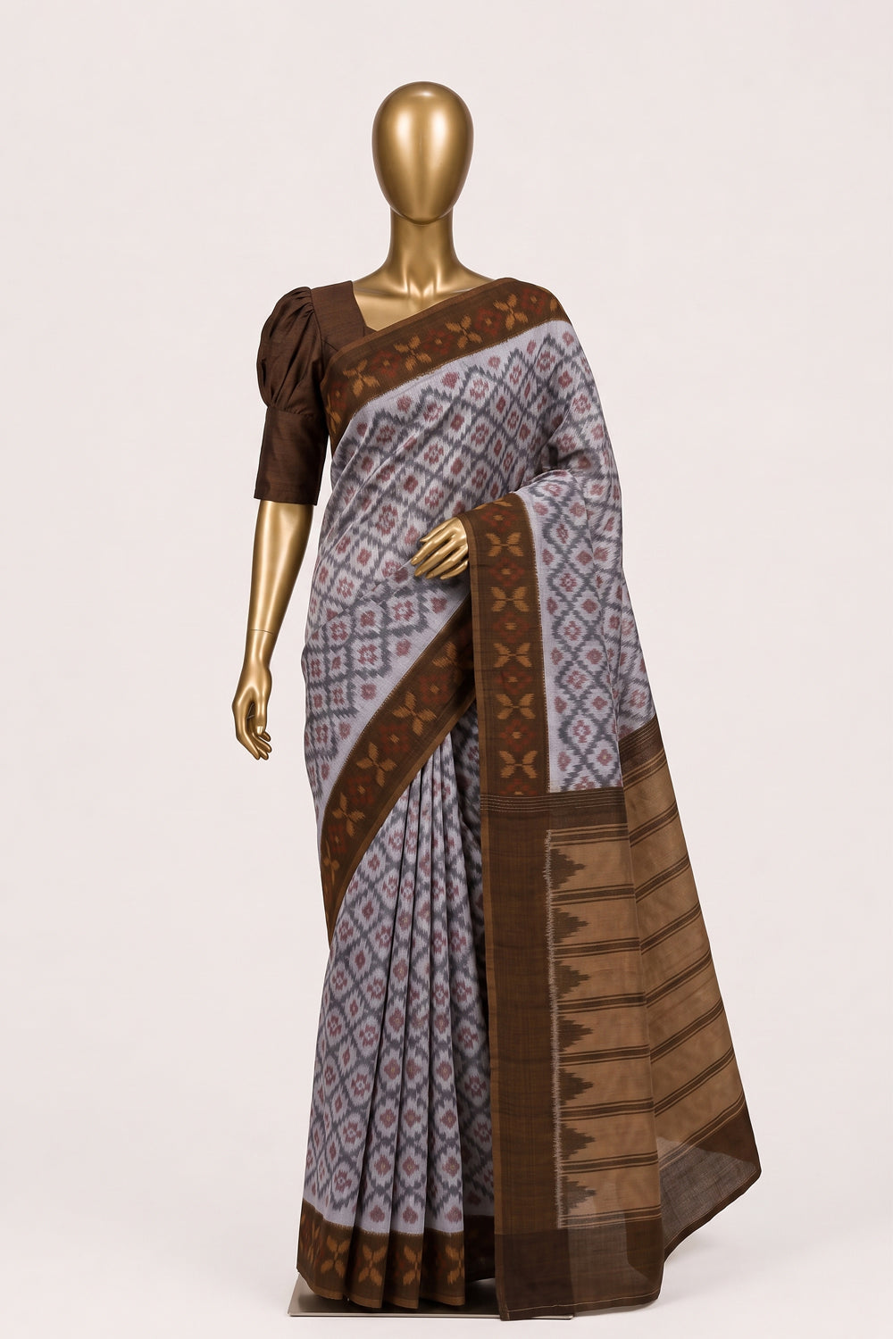 Image of White Pochampally Ikat Cotton Saree