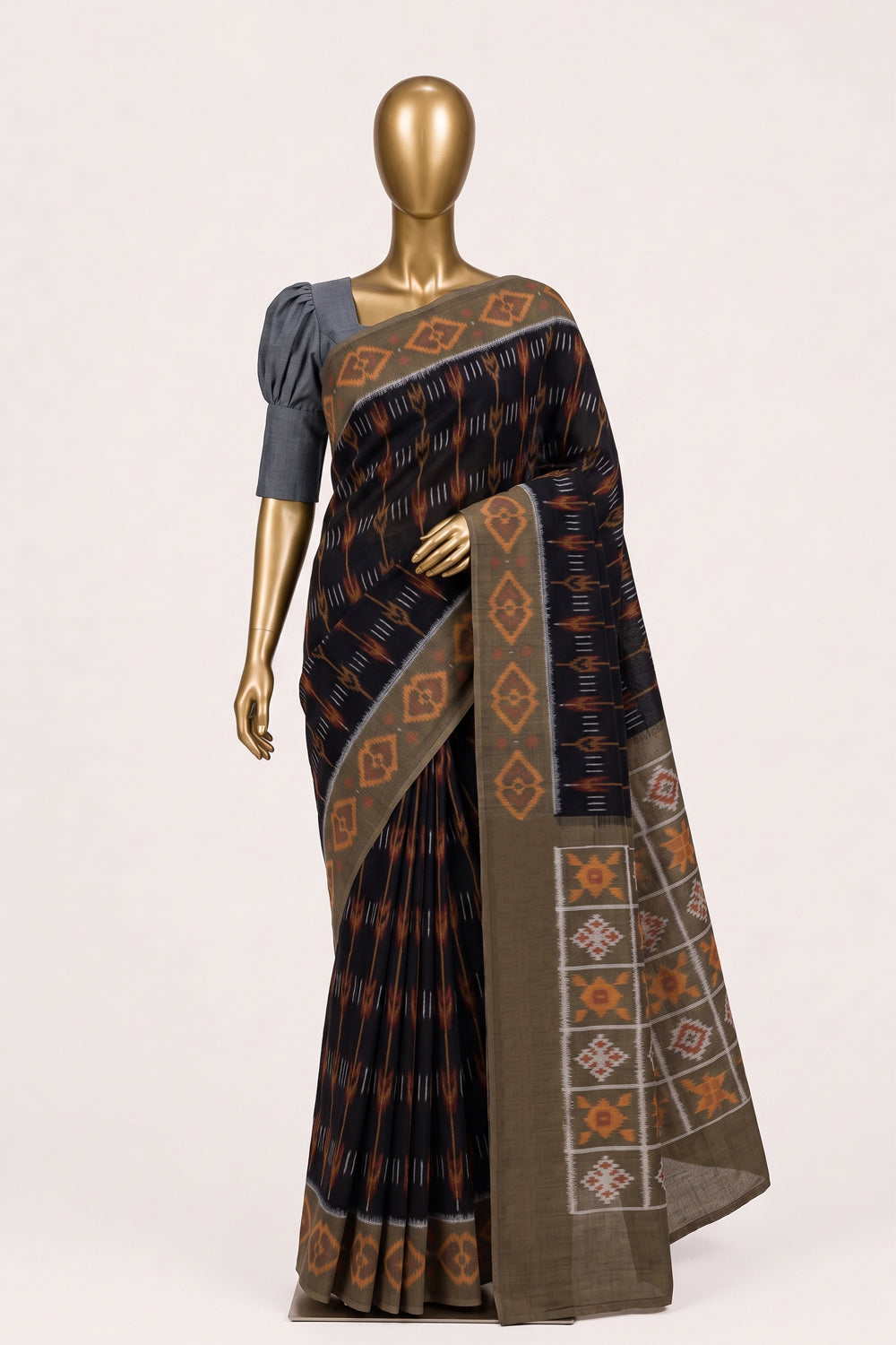 Image of Navy Blue Pochampally Ikat Cotton Saree