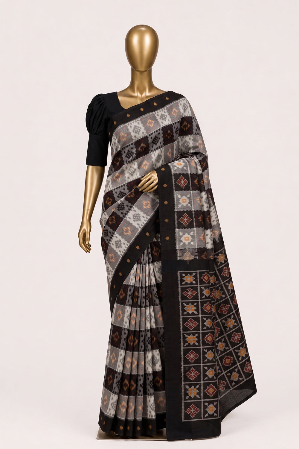 Image of Grey-Black Pochampally Ikat Cotton Saree