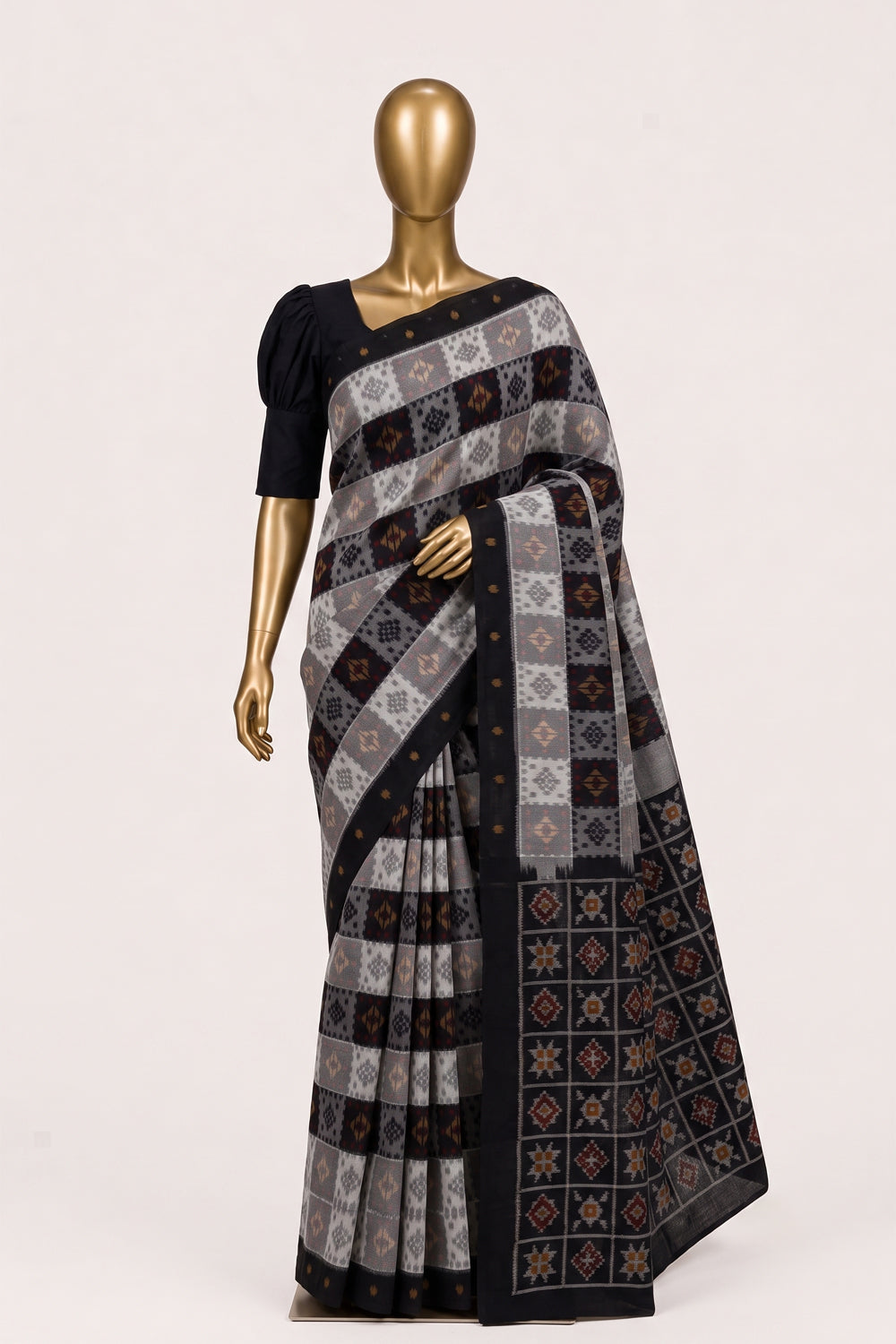 Image of Grey-Black Pochampally Ikat Cotton Saree