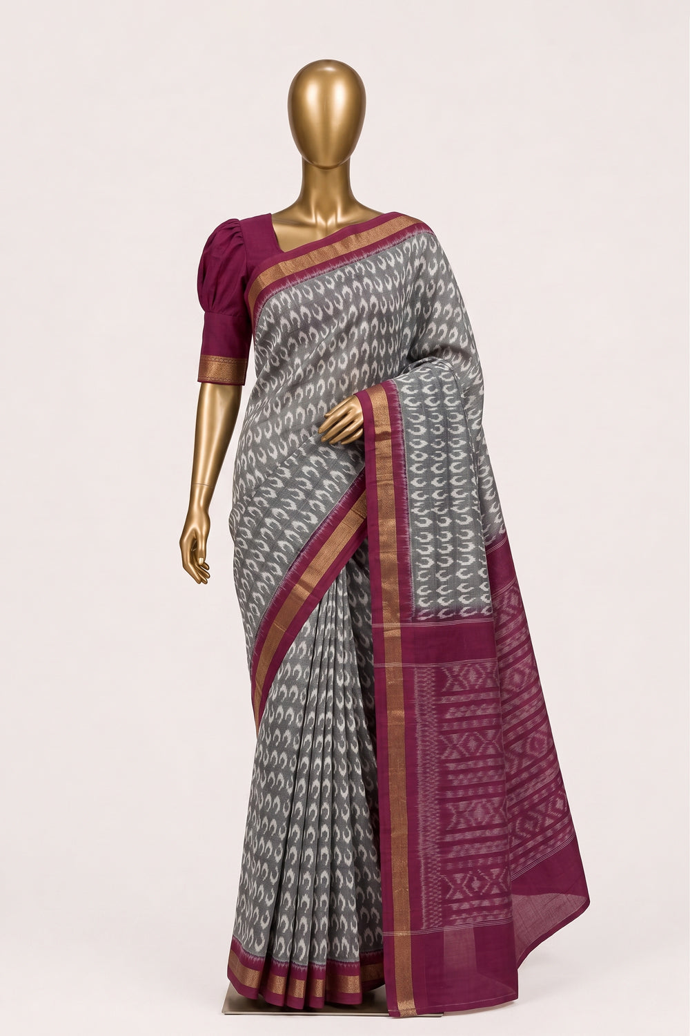Image of Grey Pochampally Ikat Cotton Saree