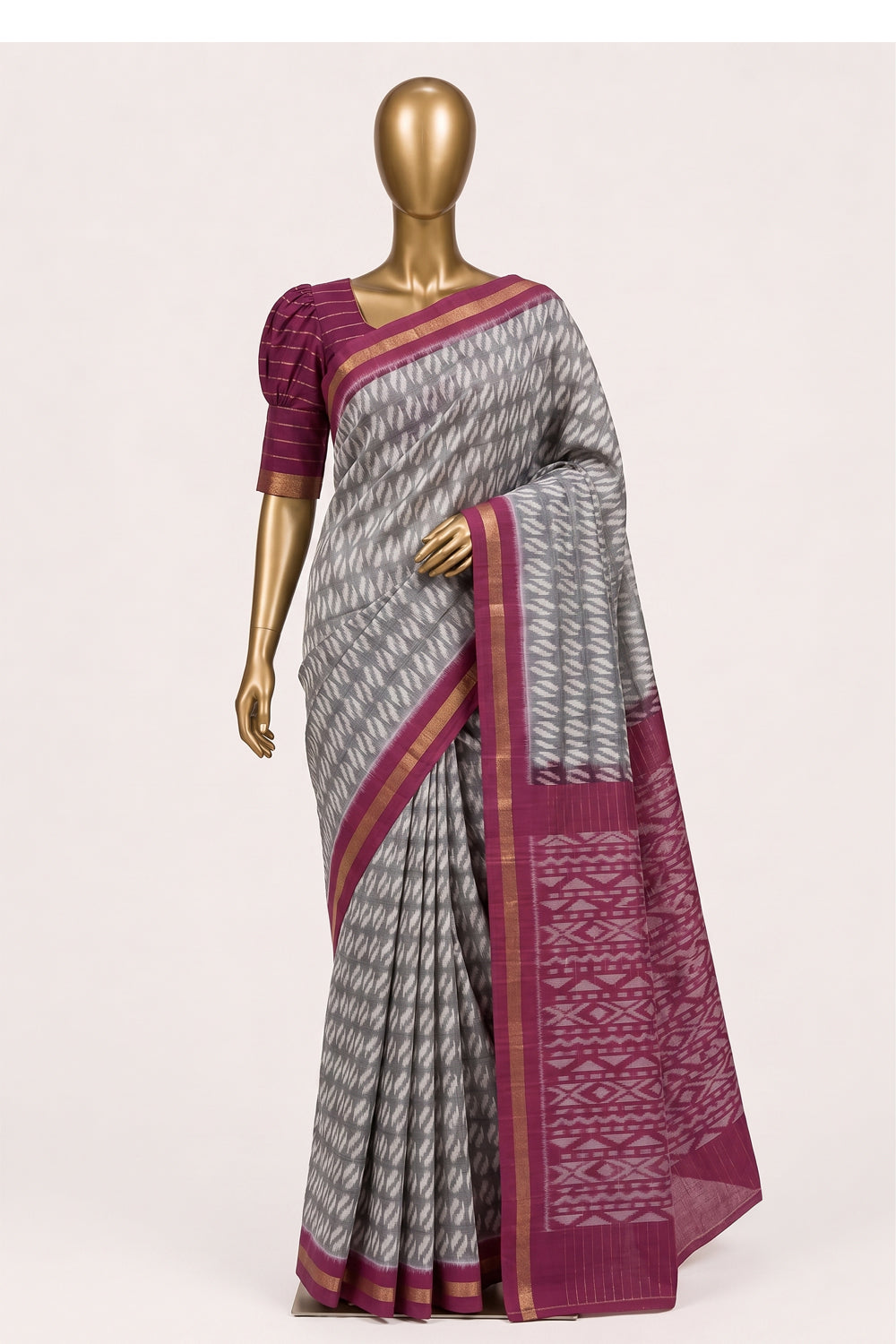 Image of Grey Pochampally Ikat Cotton Saree