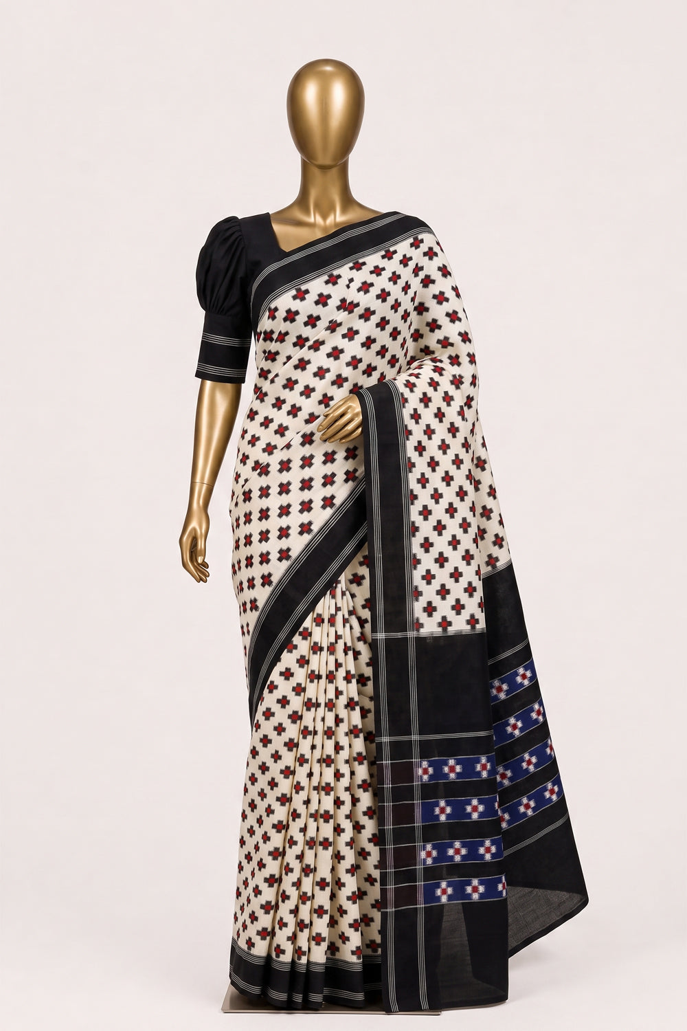 Image of Off-White Pochampally Ikat Cotton Saree