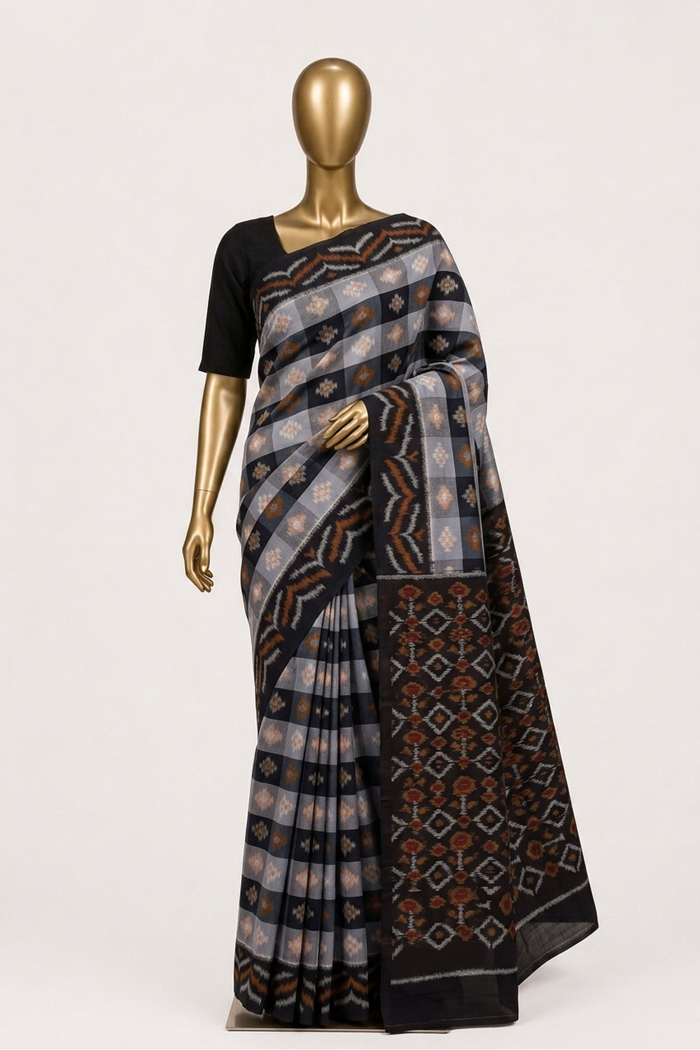 Image of Grey-Black Pochampally Ikat Cotton Saree