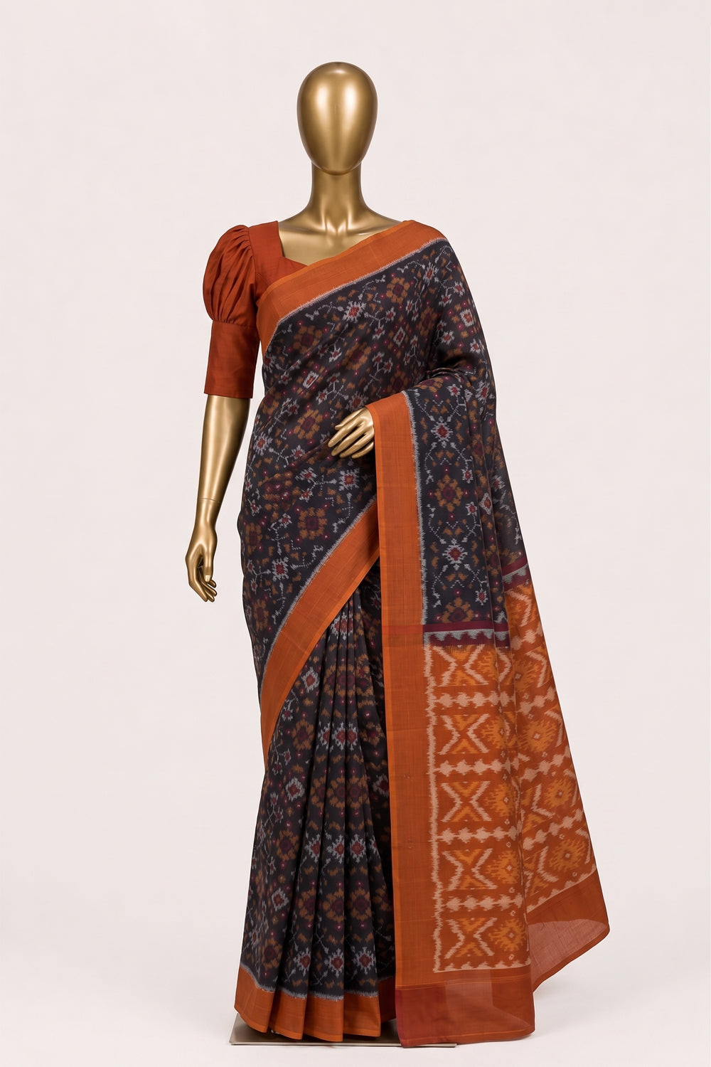 Image of Black Pochampally Ikat Cotton Saree