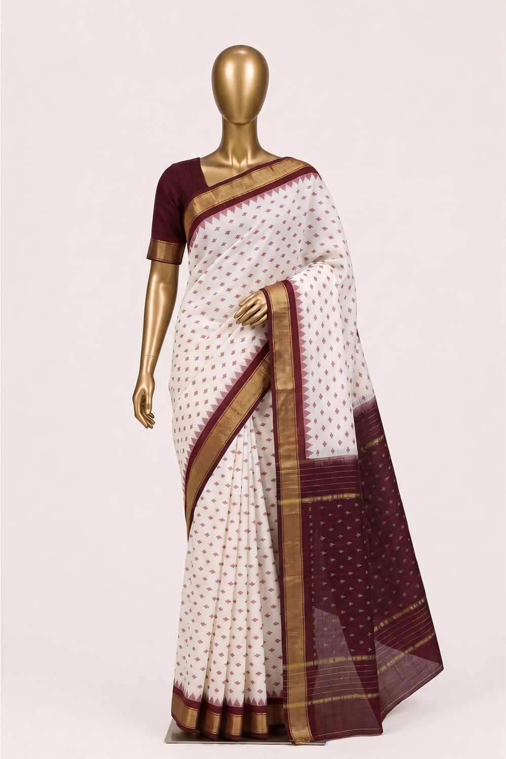 Image of White Pochampally Ikat Cotton Saree