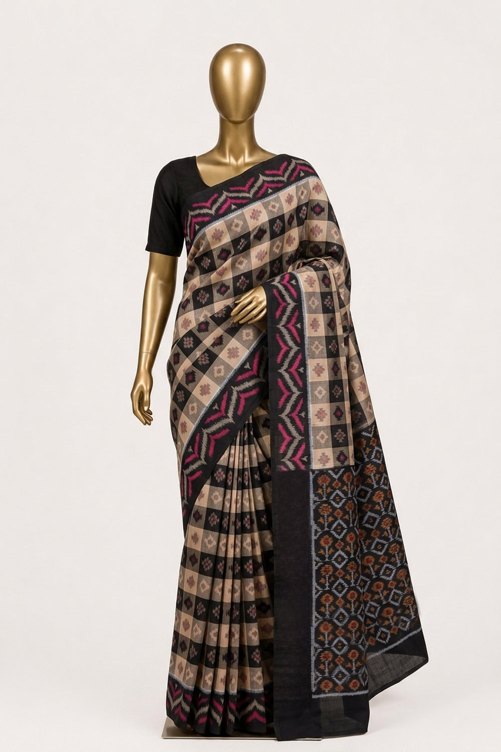 Image of Beige-Black Pochampally Ikat Cotton Saree