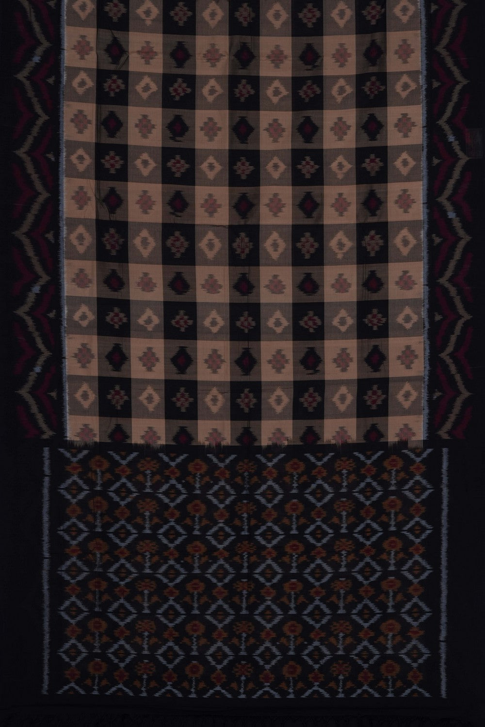 Image of Beige-Black Pochampally Ikat Cotton Saree