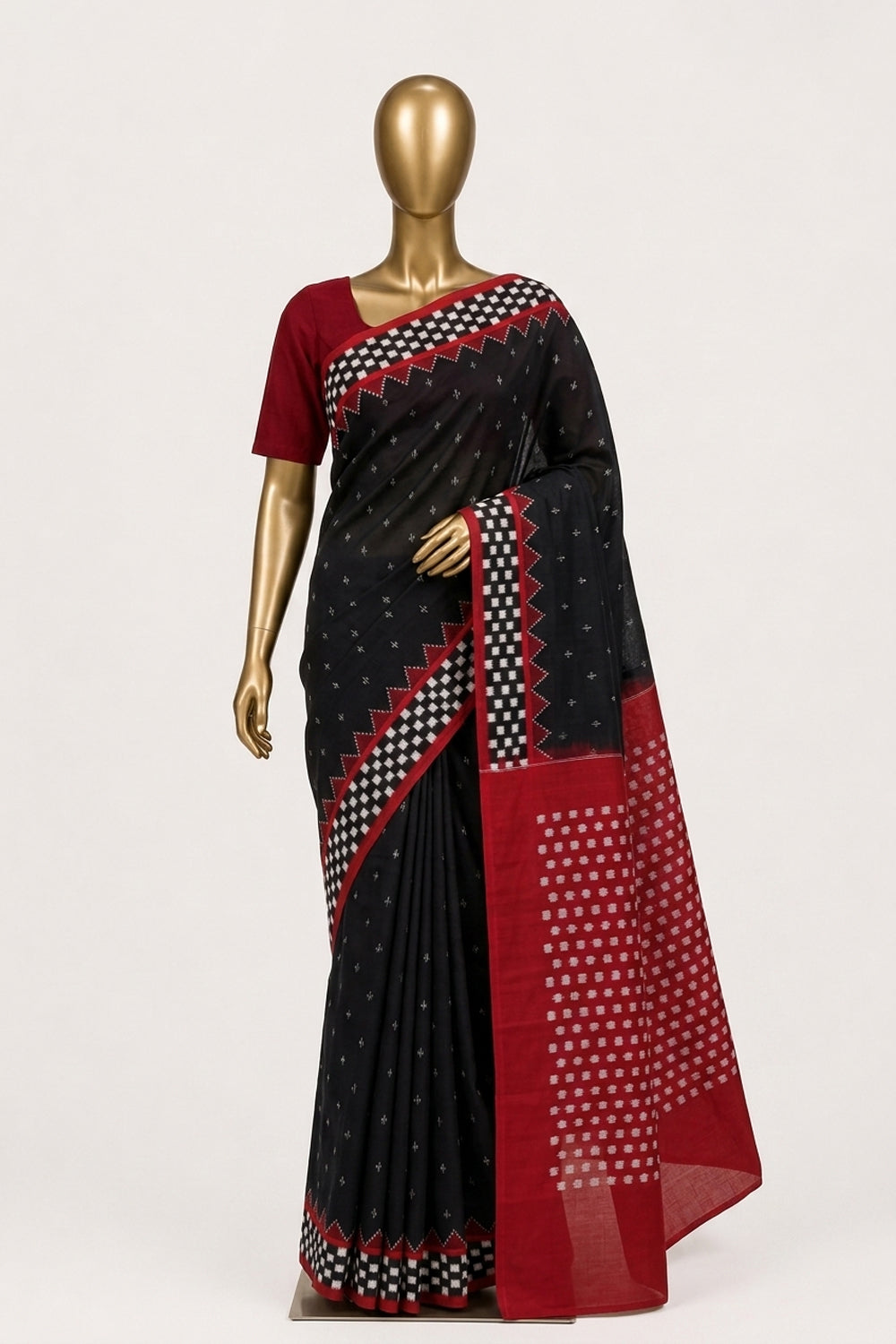 Image of Black Pochampally Ikat Cotton Saree