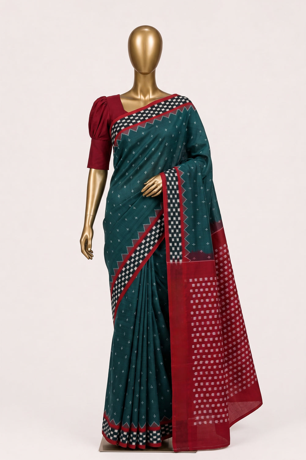Image of Teal-Green Pochampally Ikat Cotton Saree