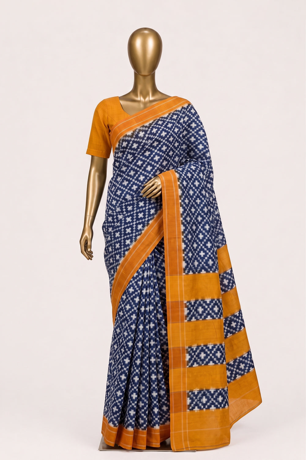 Image of Navy Blue Pochampally Ikat Cotton Saree