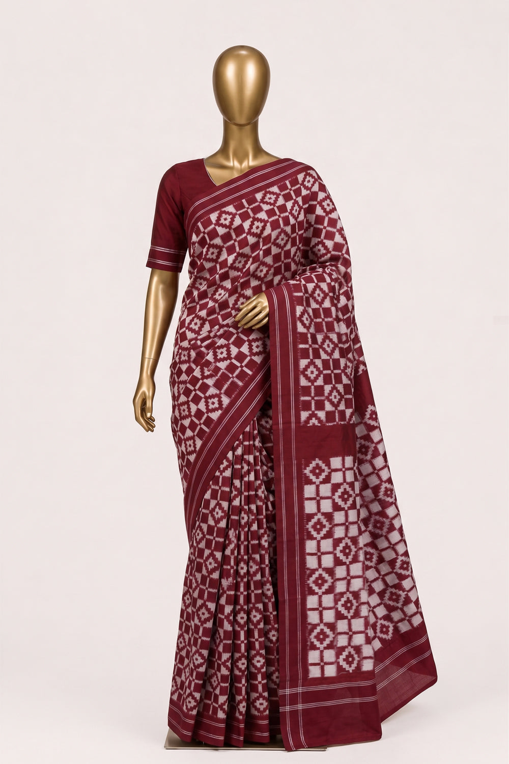 Image of Red Pochampally Ikat Cotton Saree