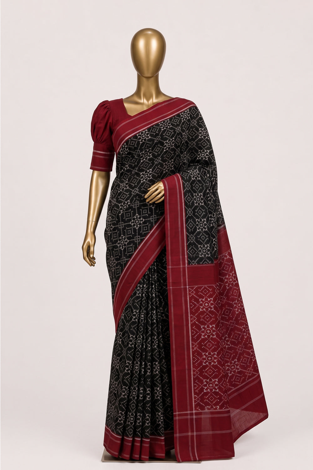 Image of Black Pochampally Ikat Cotton Saree