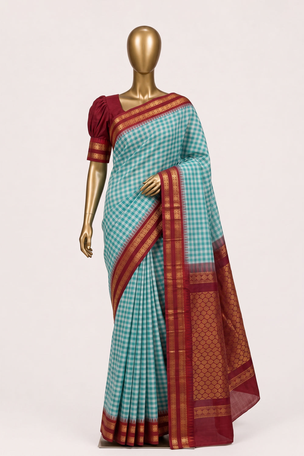 Image of Aqua Green Gadwal Cotton Saree