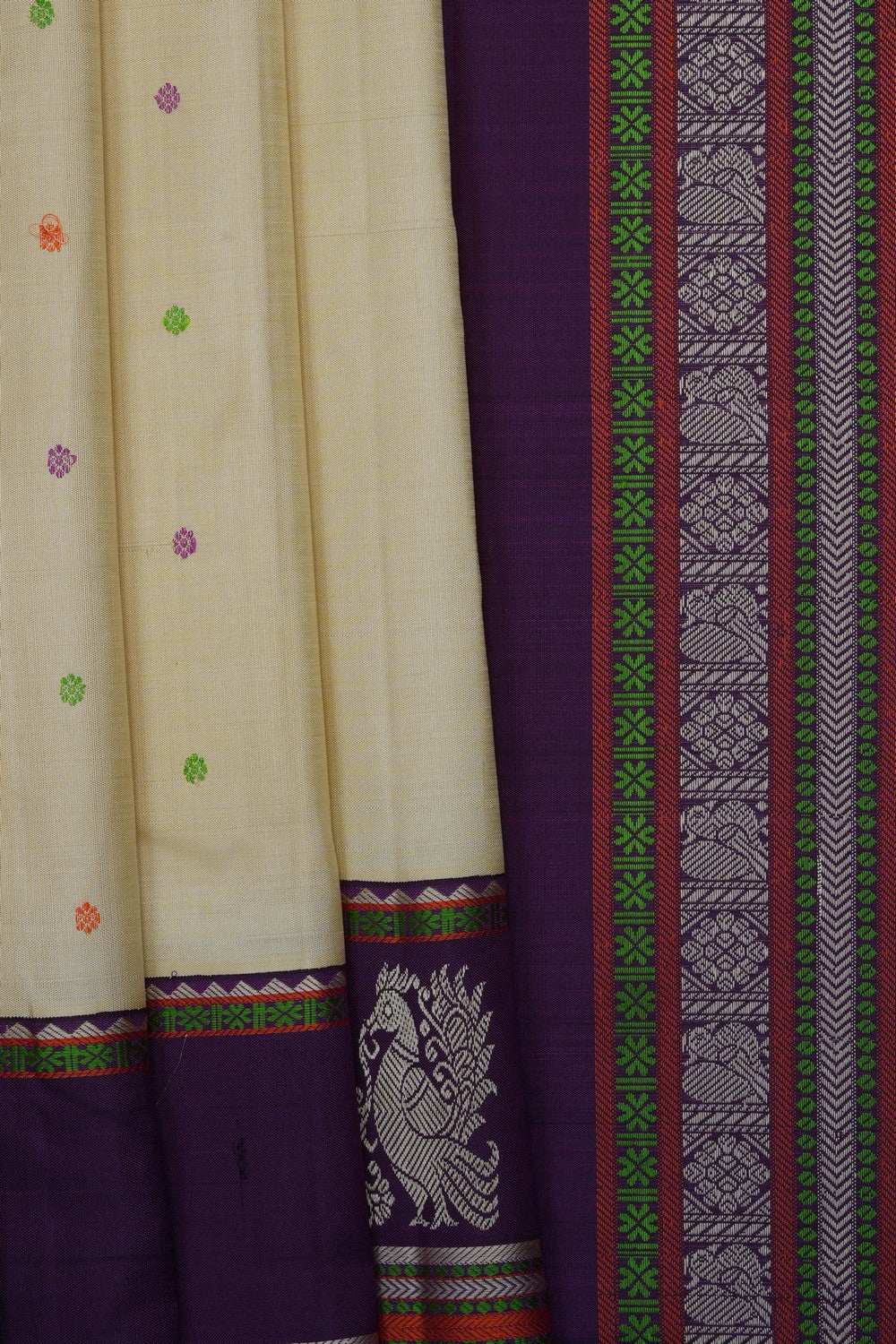 Image of Cream Kanjivaram Silk Kattam Saree