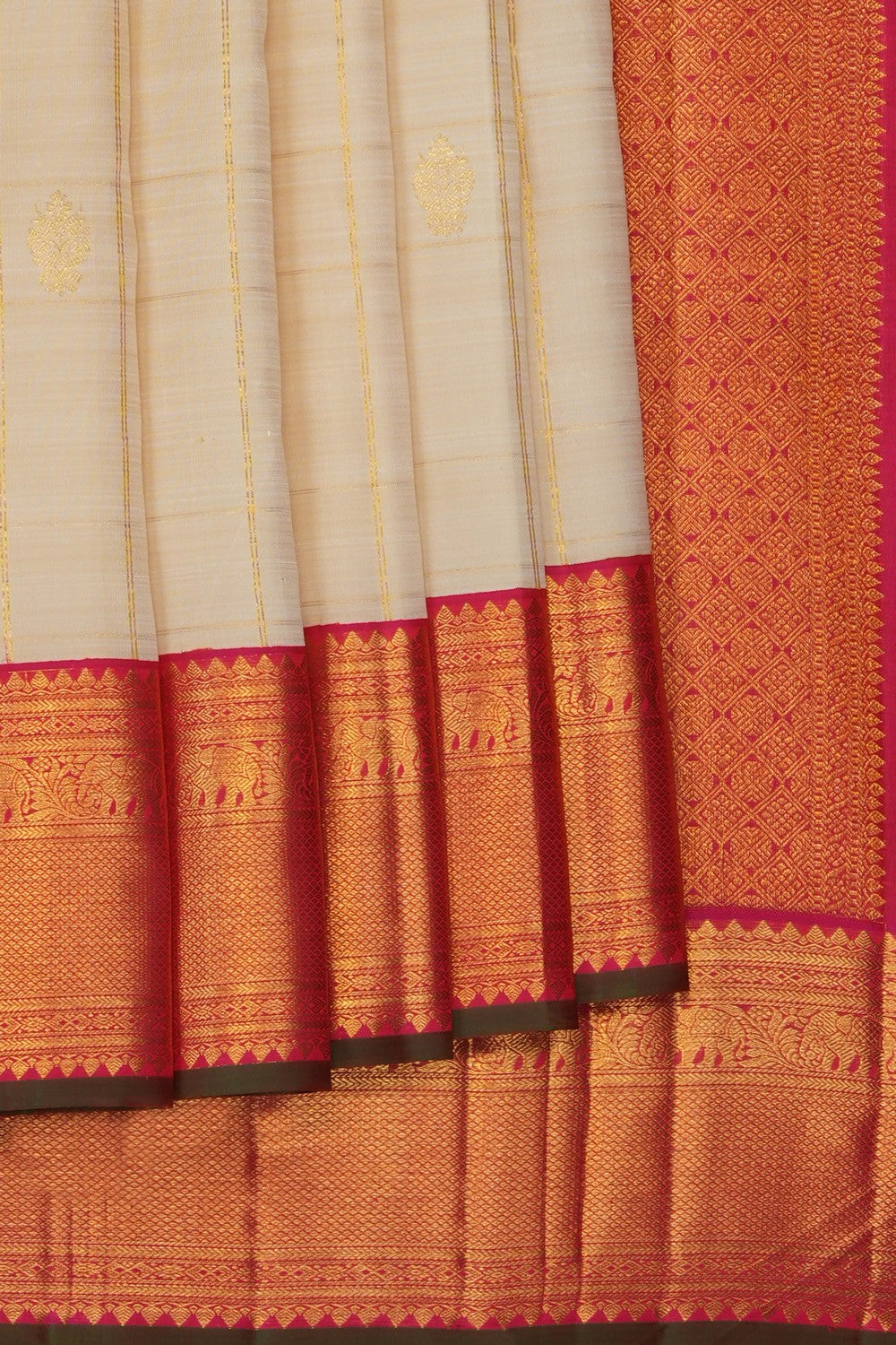 Image of Off-White Kanjivaram Silk Kattam Saree