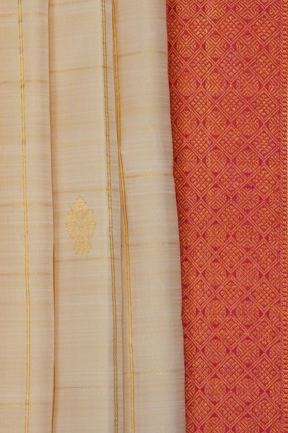 Image of Off-White Kanjivaram Silk Kattam Saree