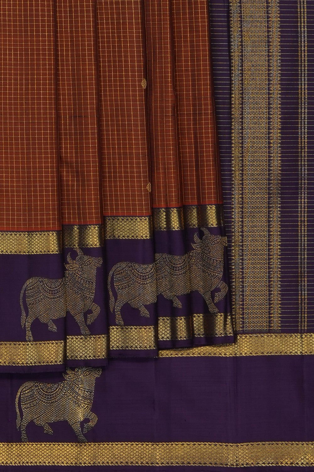 Image of Rust-Orange Kanjivaram Silk Kattam Saree
