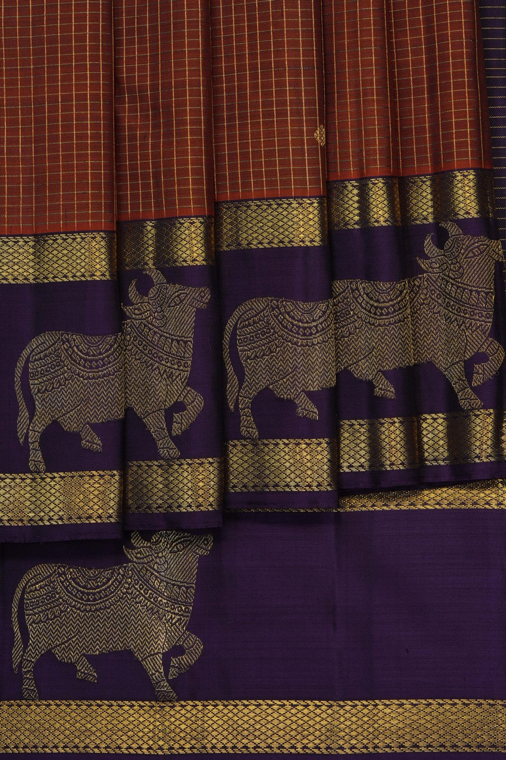 Image of Rust-Orange Kanjivaram Silk Kattam Saree