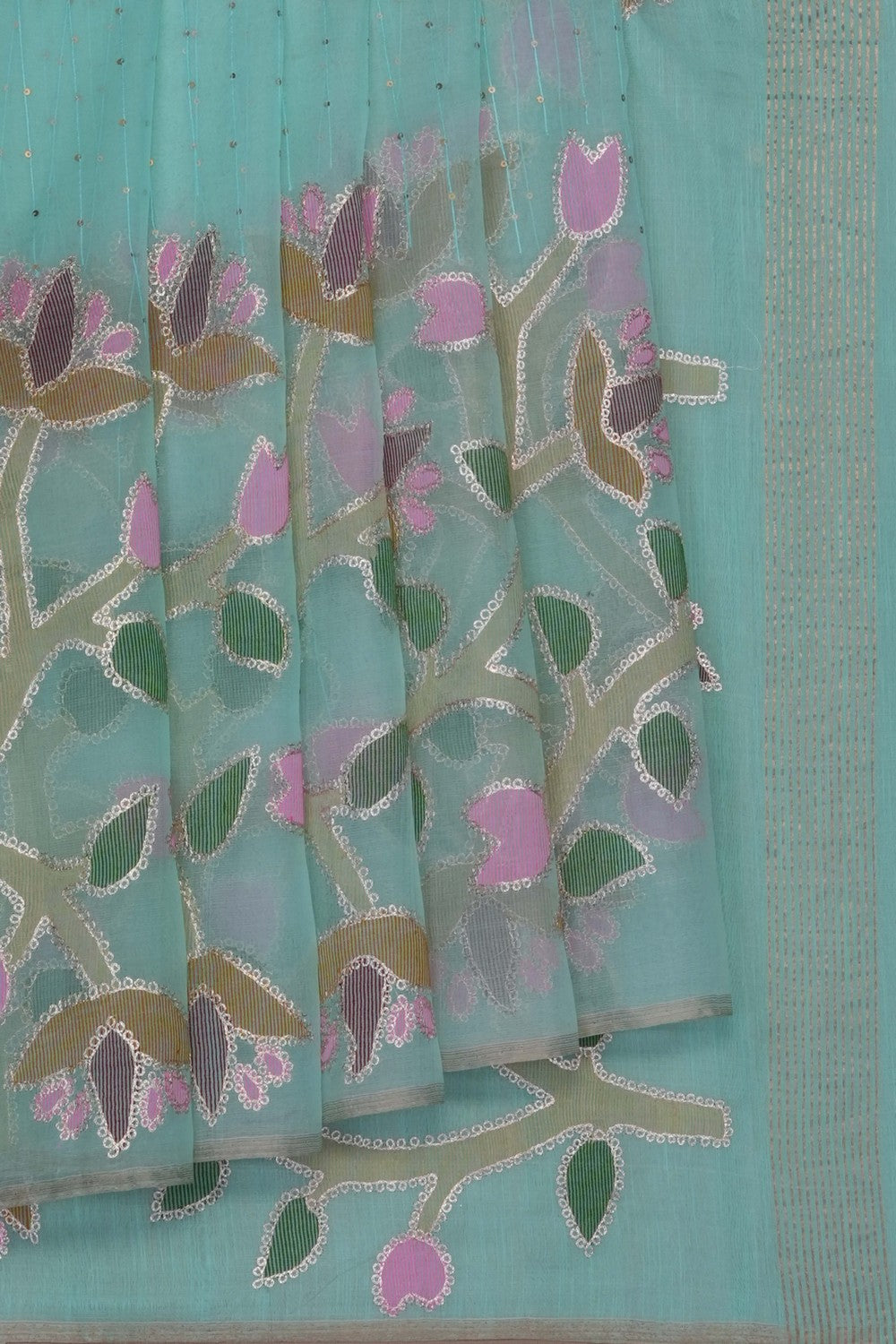 Image of Turquoise-Green Kora Embroidered Saree