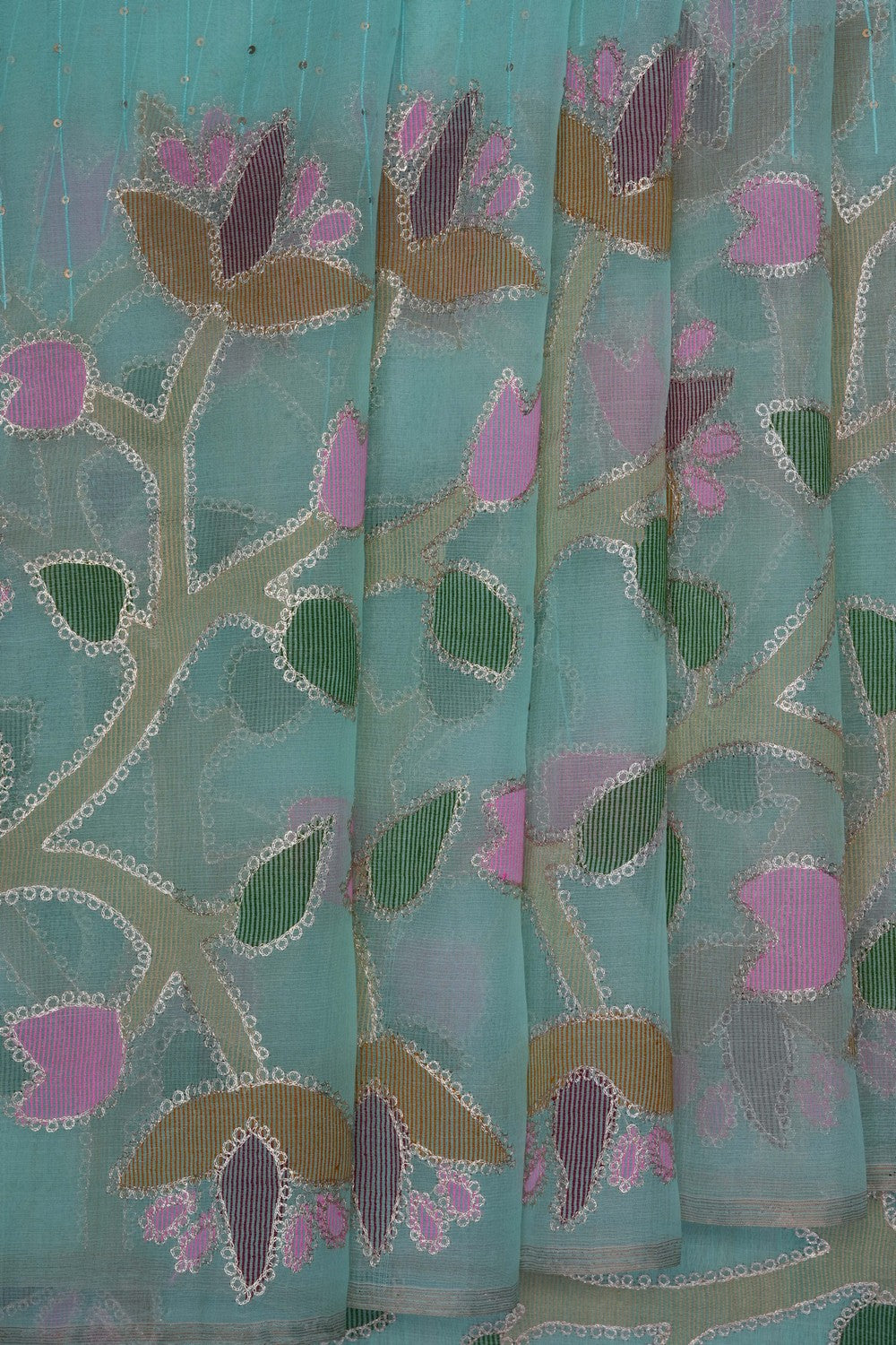 Image of Turquoise-Green Kora Embroidered Saree