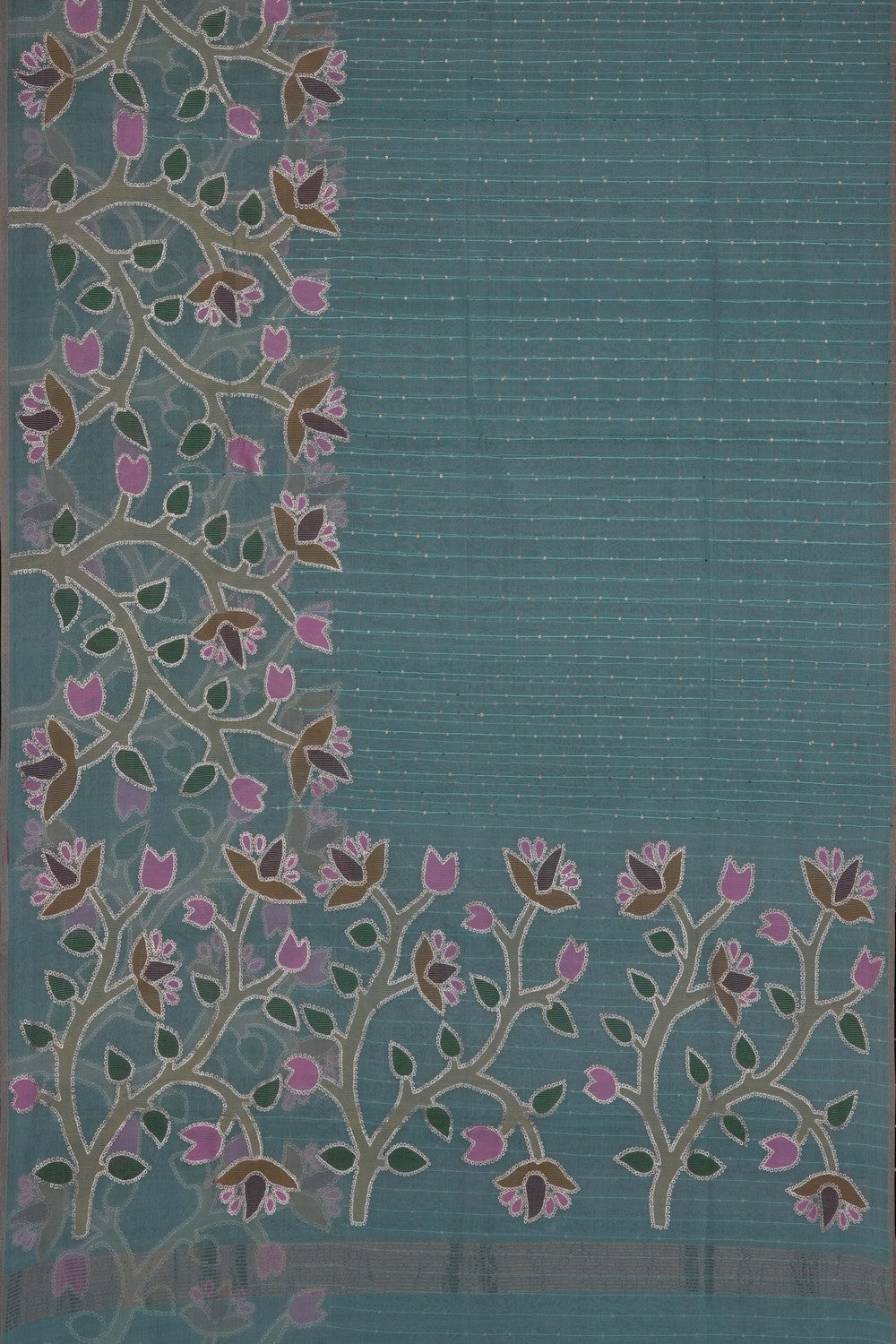 Image of Turquoise-Green Kora Embroidered Saree