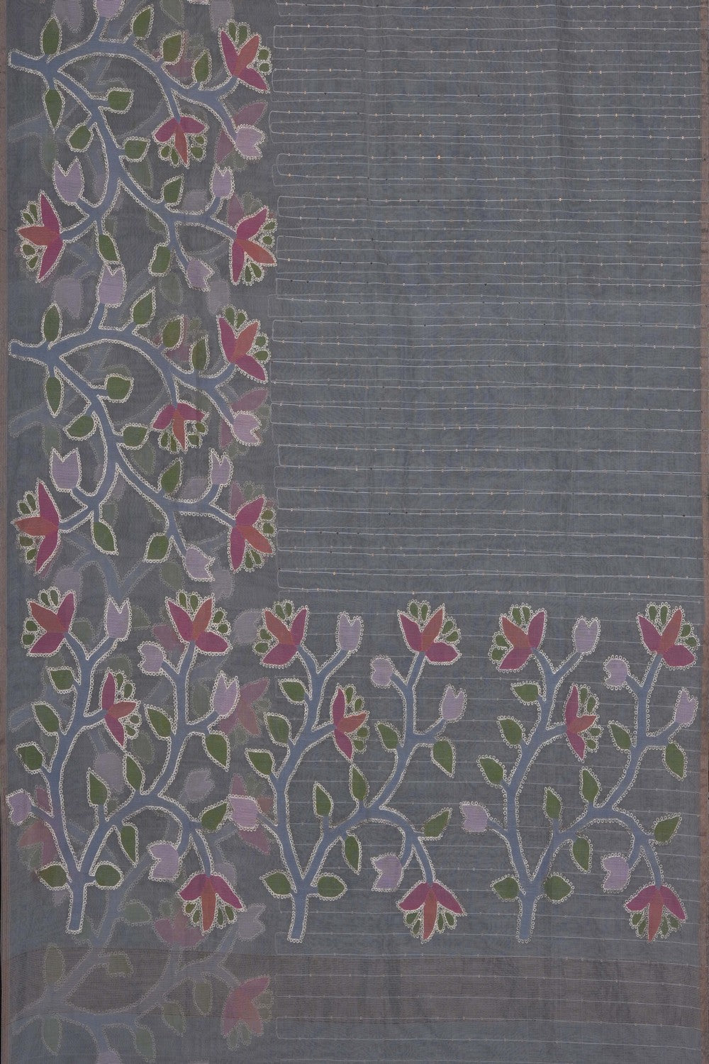 Image of Turquoise-Green Kora Embroidered Saree