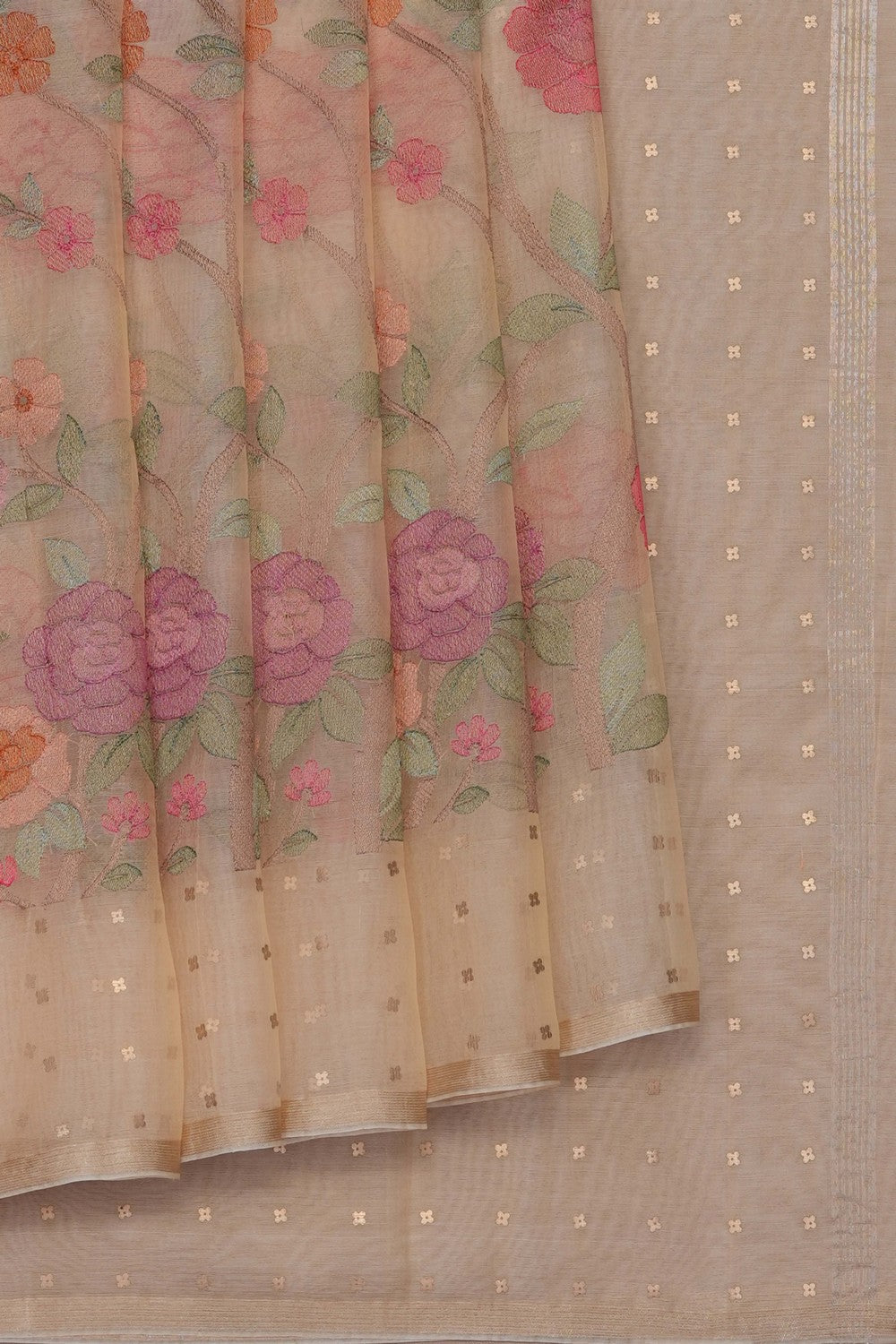 Image of Beige Kora Embroidered Saree