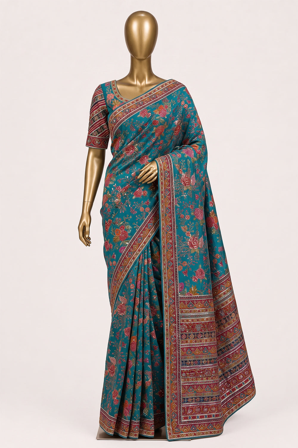 Image of Sea-Green Silk Embroidered Saree