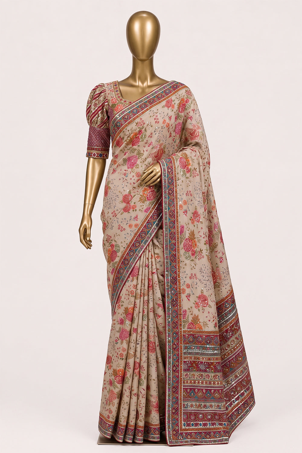 Image of Off-White Silk Embroidered Saree