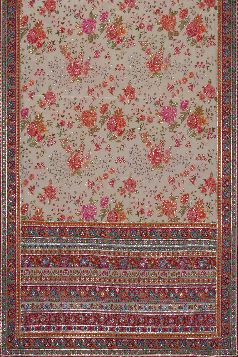 Image of Off-White Silk Embroidered Saree