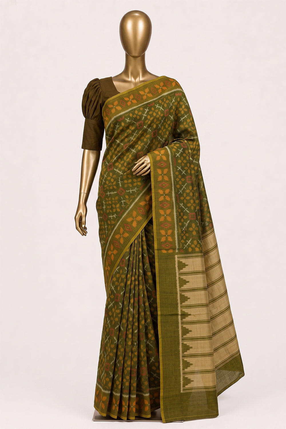 Image of Green Pochampally Ikat Cotton Saree