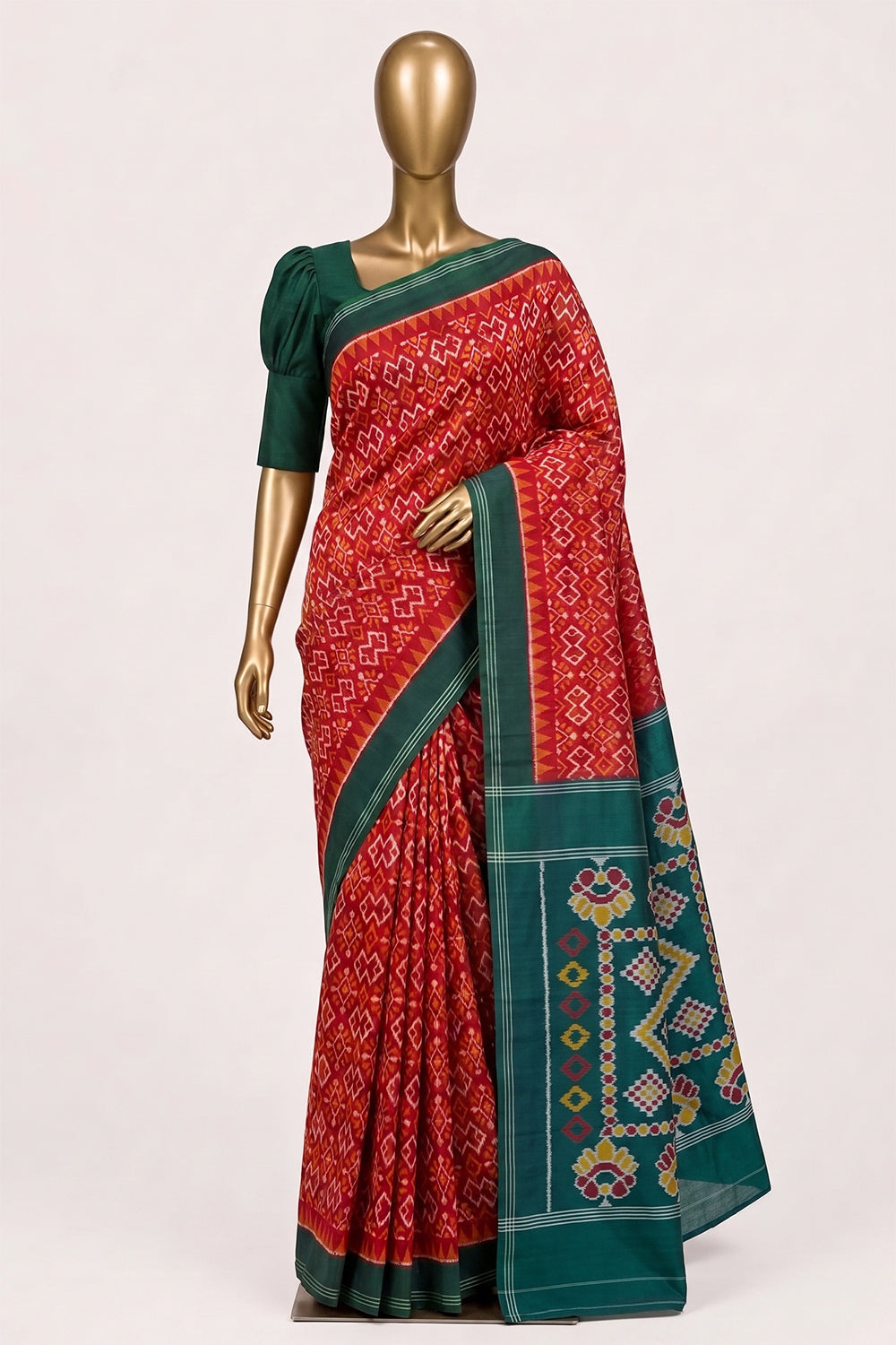Image of Red Pochampally Ikat Cotton Saree