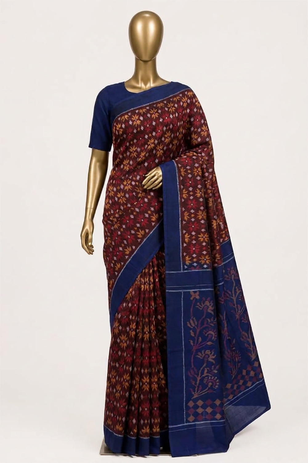 Image of Brown Pochampally Ikat Cotton Saree