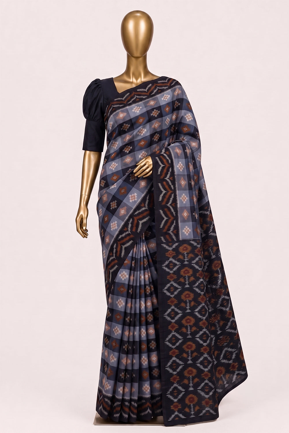 Image of Grey Pochampally Ikat Cotton Saree