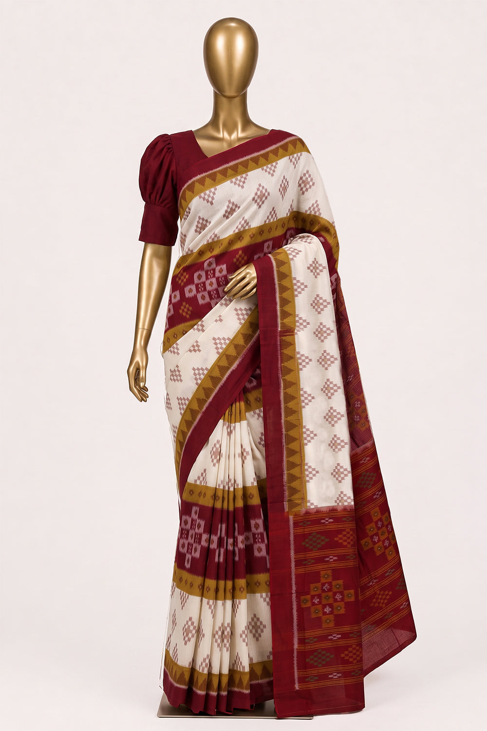 Image of Off-White Pochampally Ikat Cotton Saree