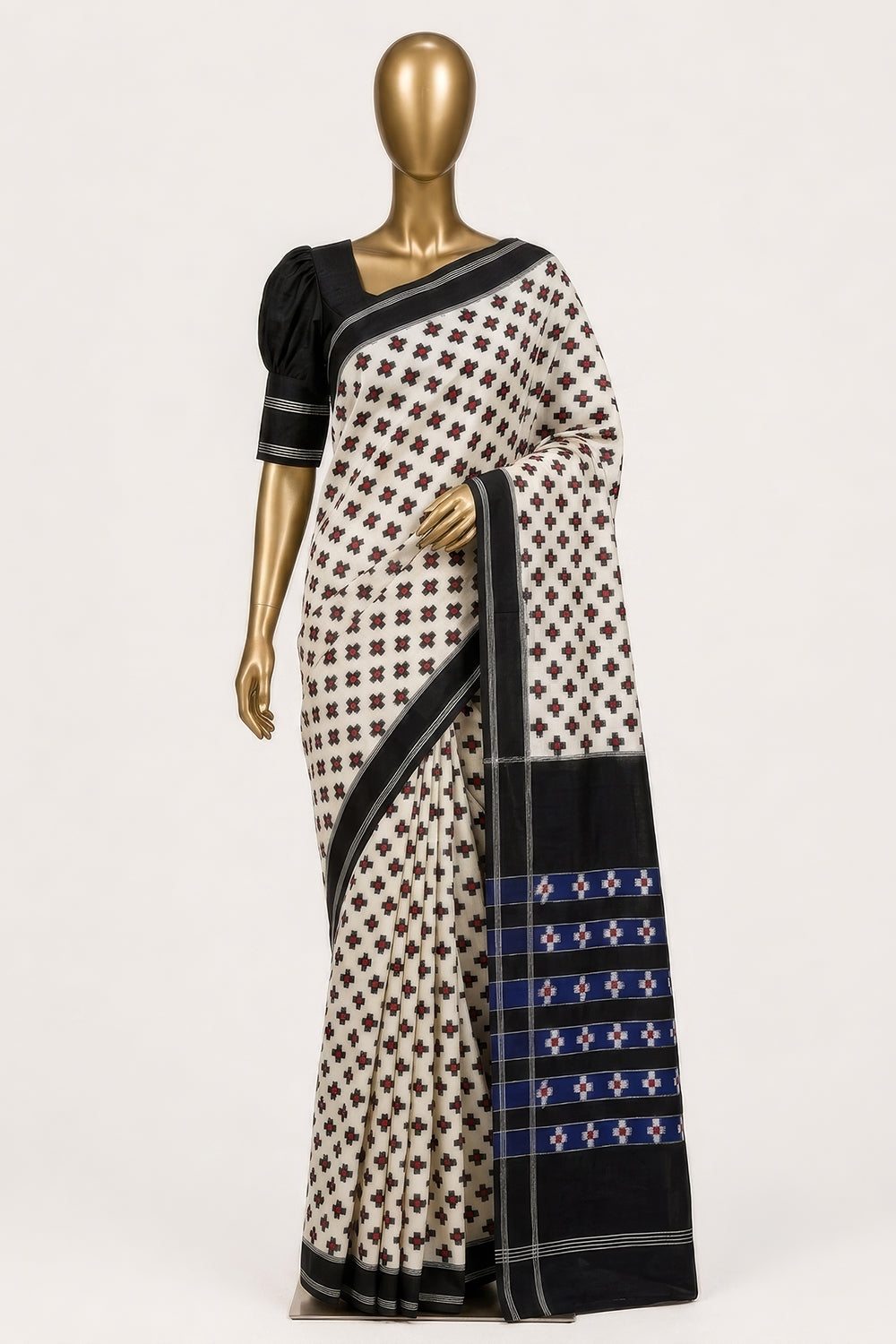 Image of White Pochampally Ikat Cotton Saree