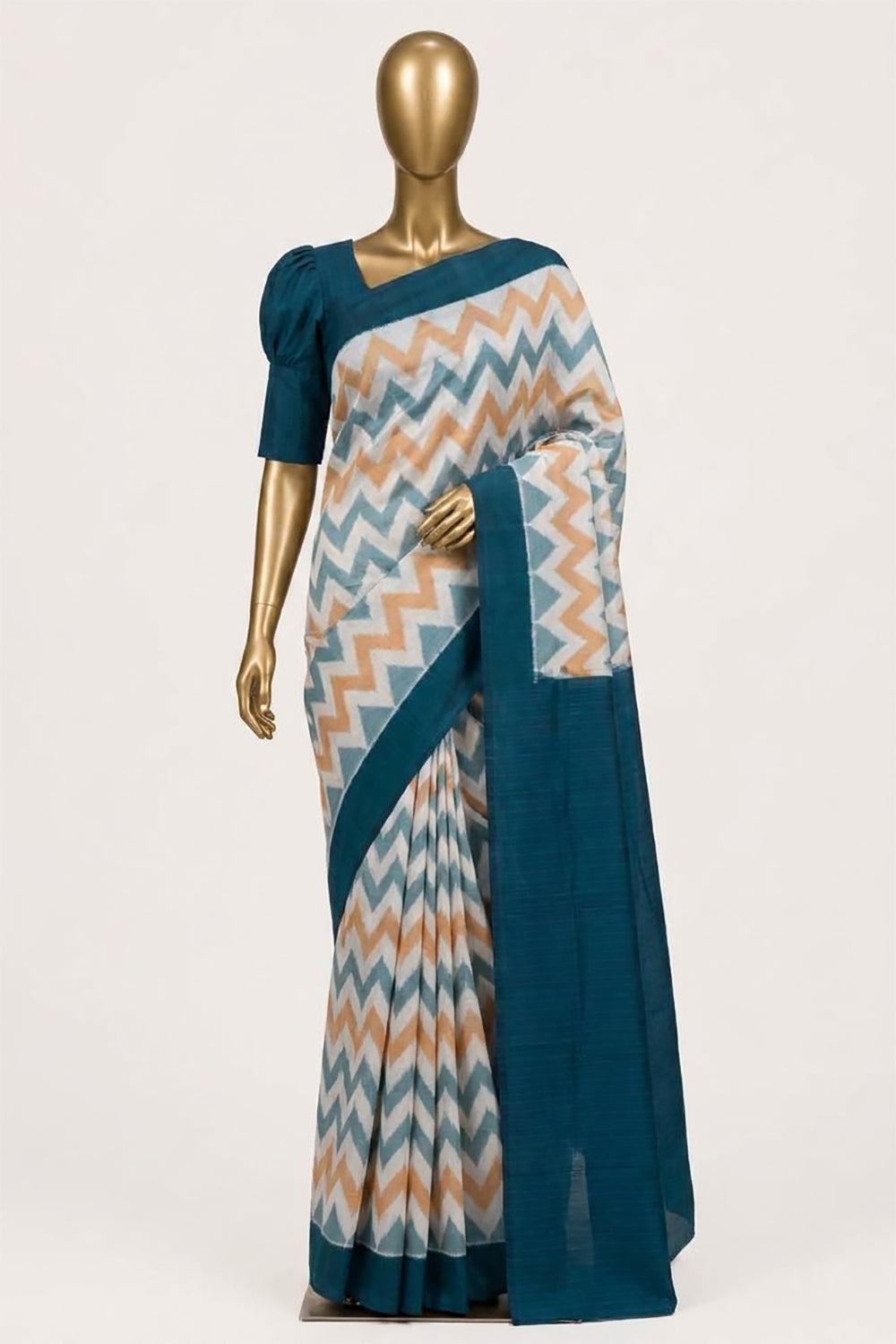 Image of Cream Pochampally Ikat Cotton Saree