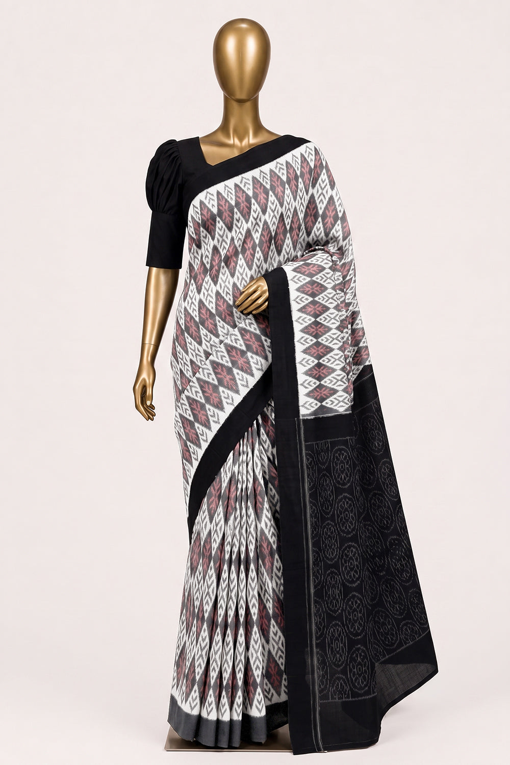 Image of Off-White Pochampally Ikat Cotton Saree