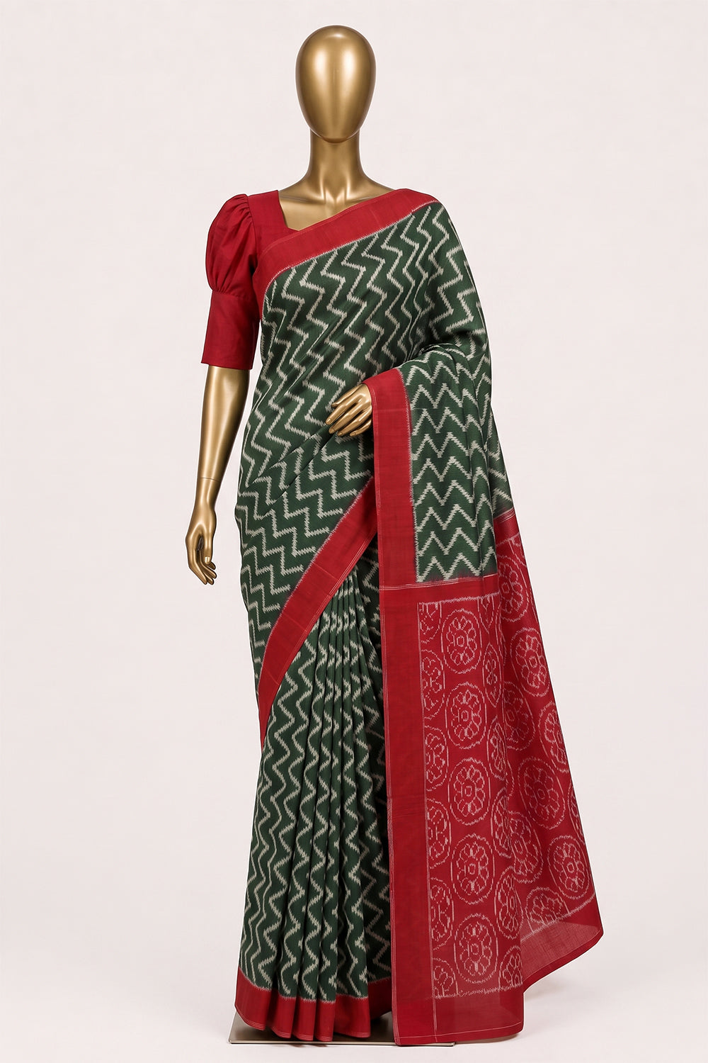 Image of Green Pochampally Ikat Cotton Saree