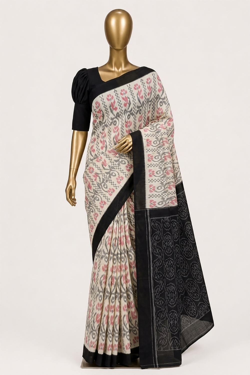 Image of Off-White Pochampally Ikat Cotton Saree