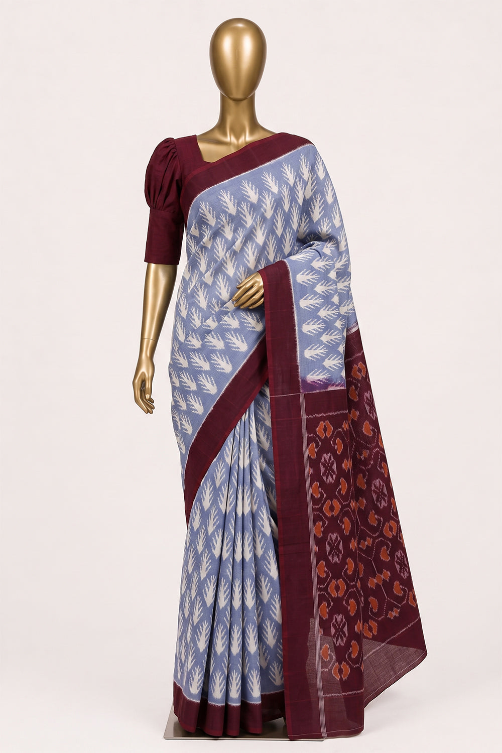 Image of Smoky-Grey Pochampally Ikat Cotton Saree