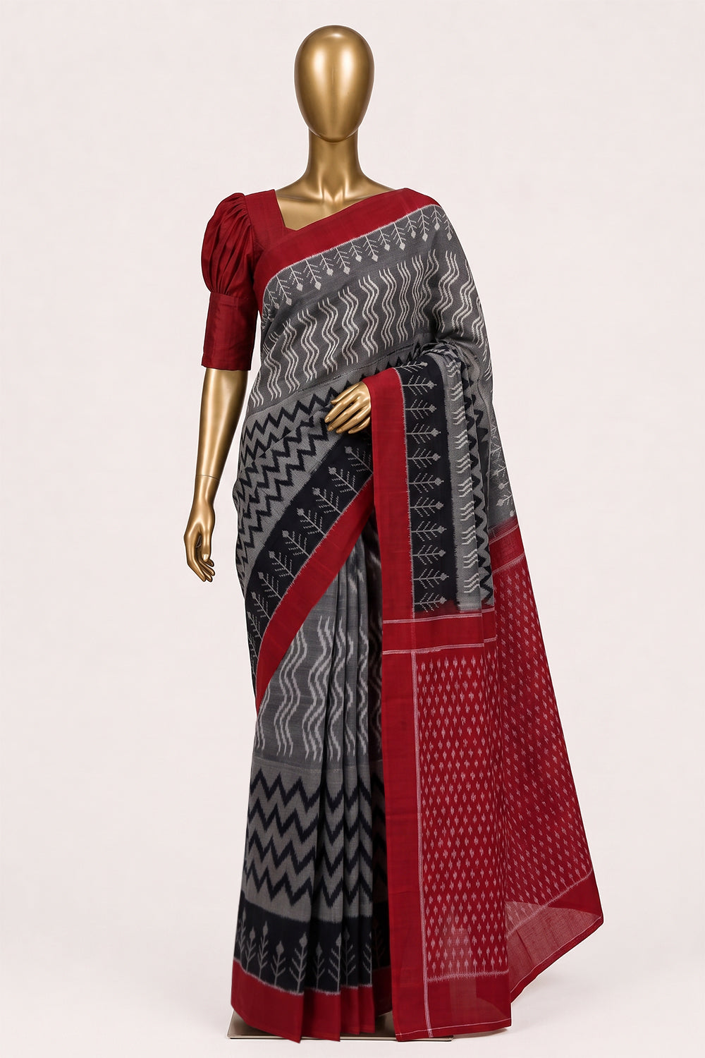 Image of Grey Pochampally Ikat Cotton Saree