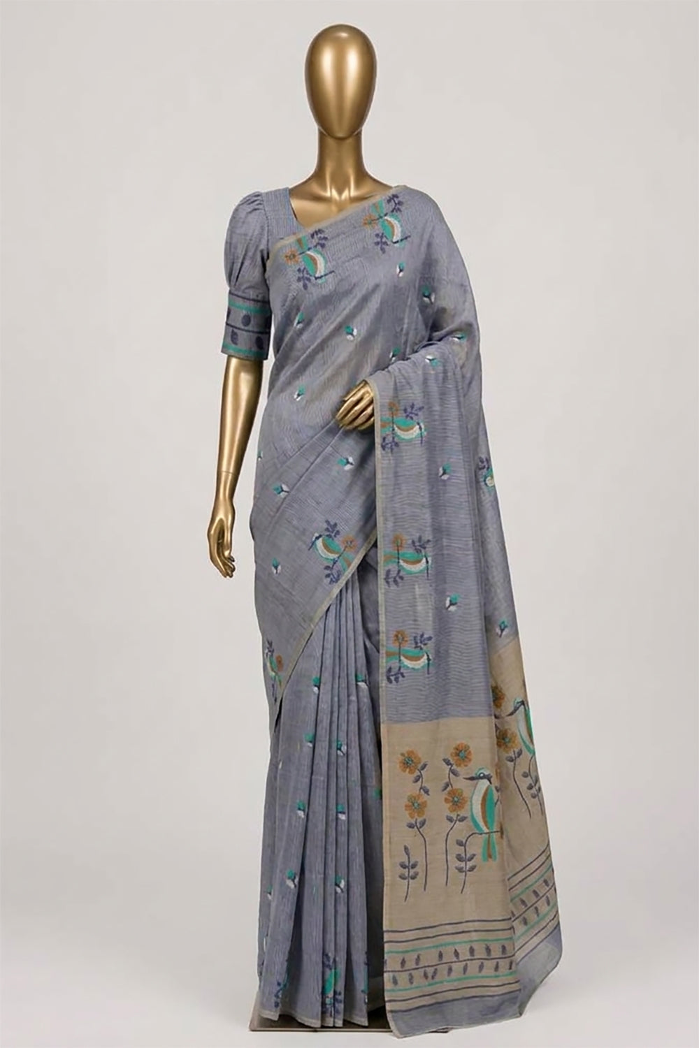 Image of Grey Dhakai Linen Saree