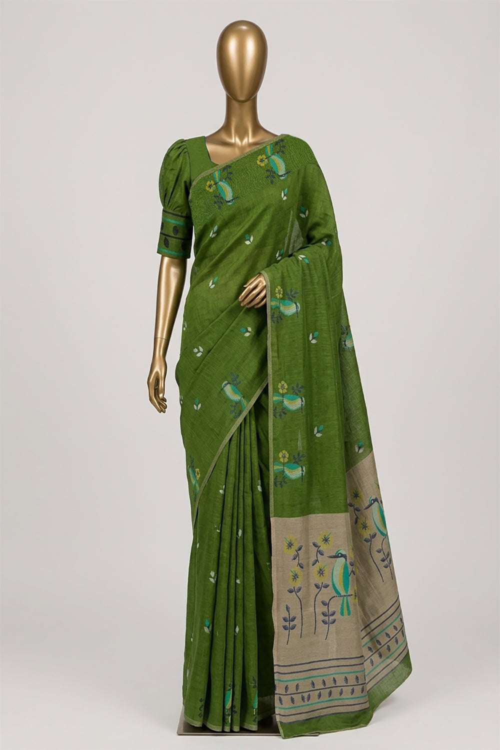 Image of Green Dhakai Linen Saree