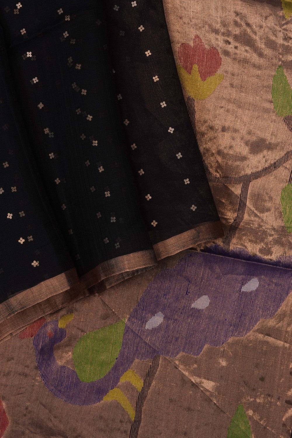 Image of Black Kora Silk Embroidery Saree