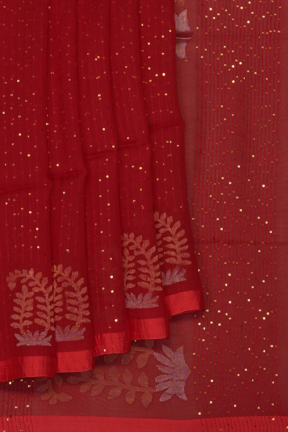 Image of Red Kora Silk Embroidery Saree