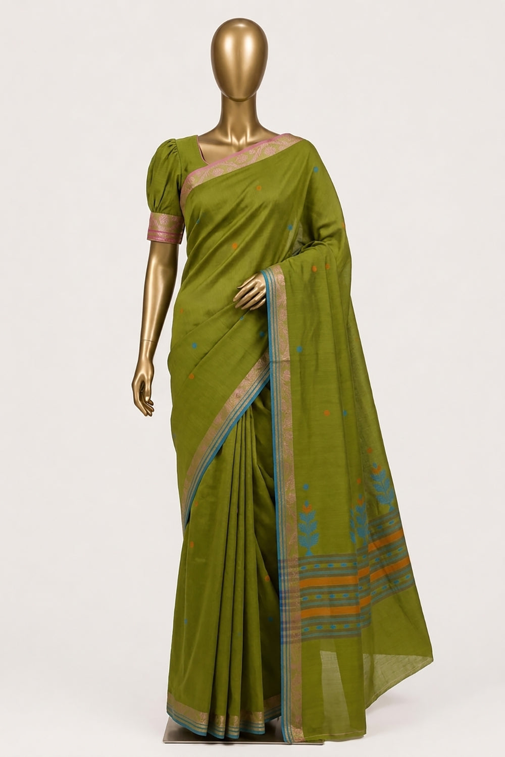 Image of Green Cotton Saree